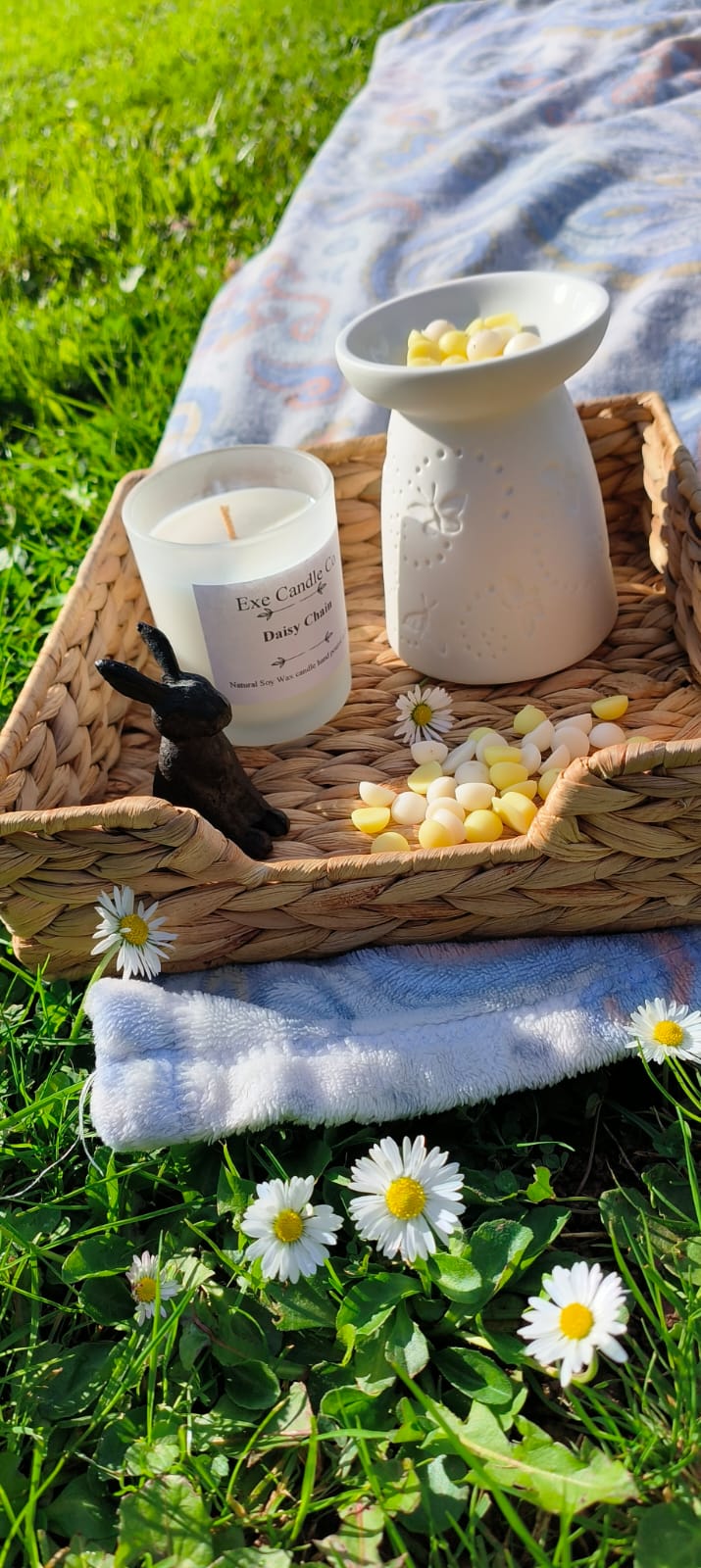 Close up of Daisy, Daisy Chain, soy wax candle, soy wax melts, scented candle and wax tarts. Luxury soy wax candle
